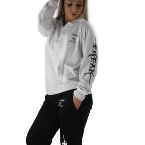 Ladies Legend LS White Polo Black Print