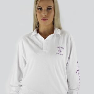 Ladies Legend LS White Polo Purple Print