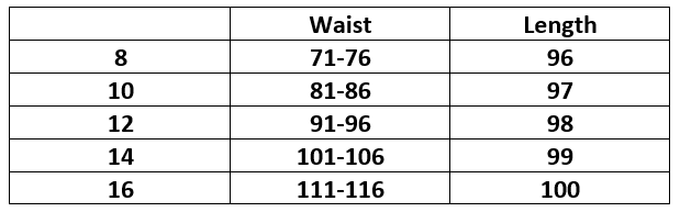 Ladies Pants Size Chart